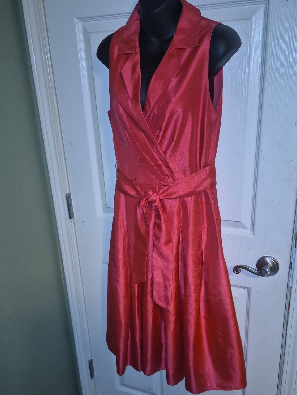 Sleeveless Red Satin Wrap Midi Dress with Tie Waist
